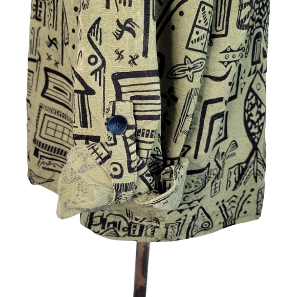 Chico's Green & Black Printed Button-Up Linen & Silk Artsy Top Women's Size M - Picture 4 of 11